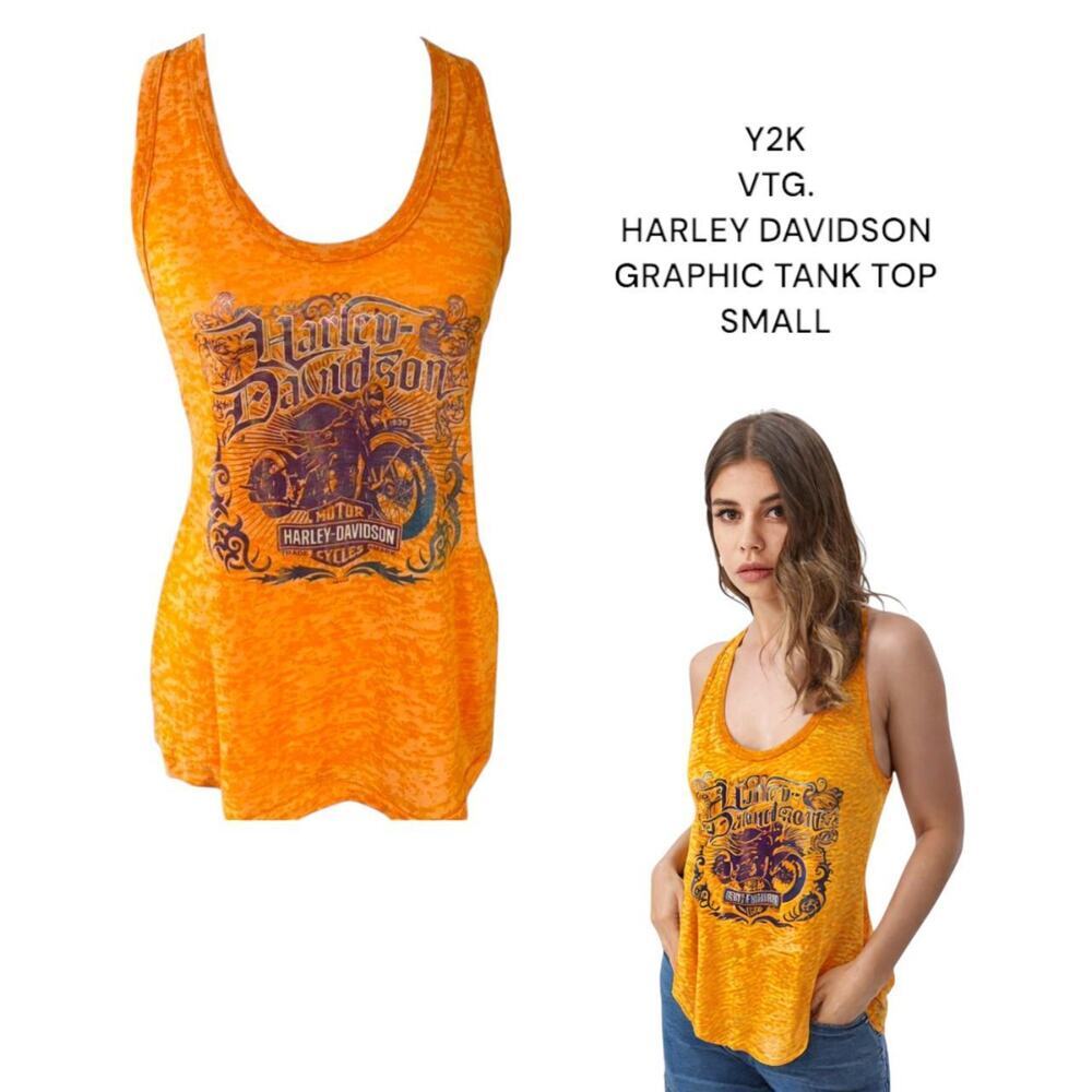 Y2K VTG. Harley Davidson ALL OVER GRAPHIC ORANGE‎ BURN OUT TANK TOP SMALL  #3